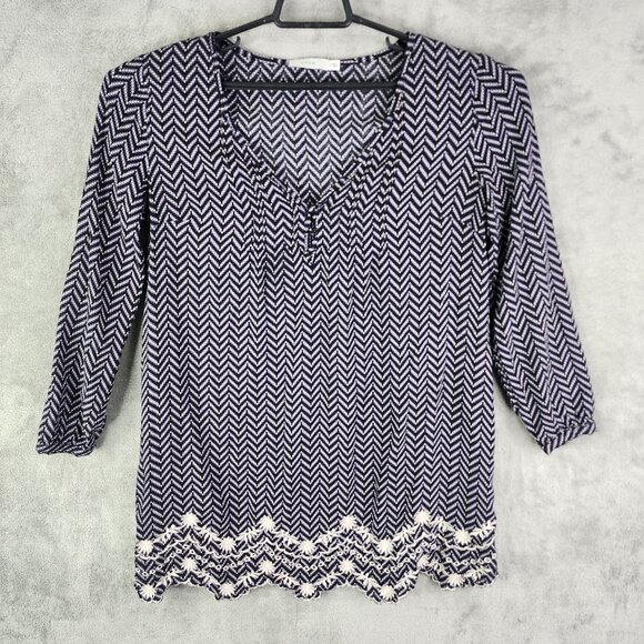 Women's Lush Chevron Black White & Purple Pattern Blouse Top 3/4 Sleeves Size M - Picture 2 of 11